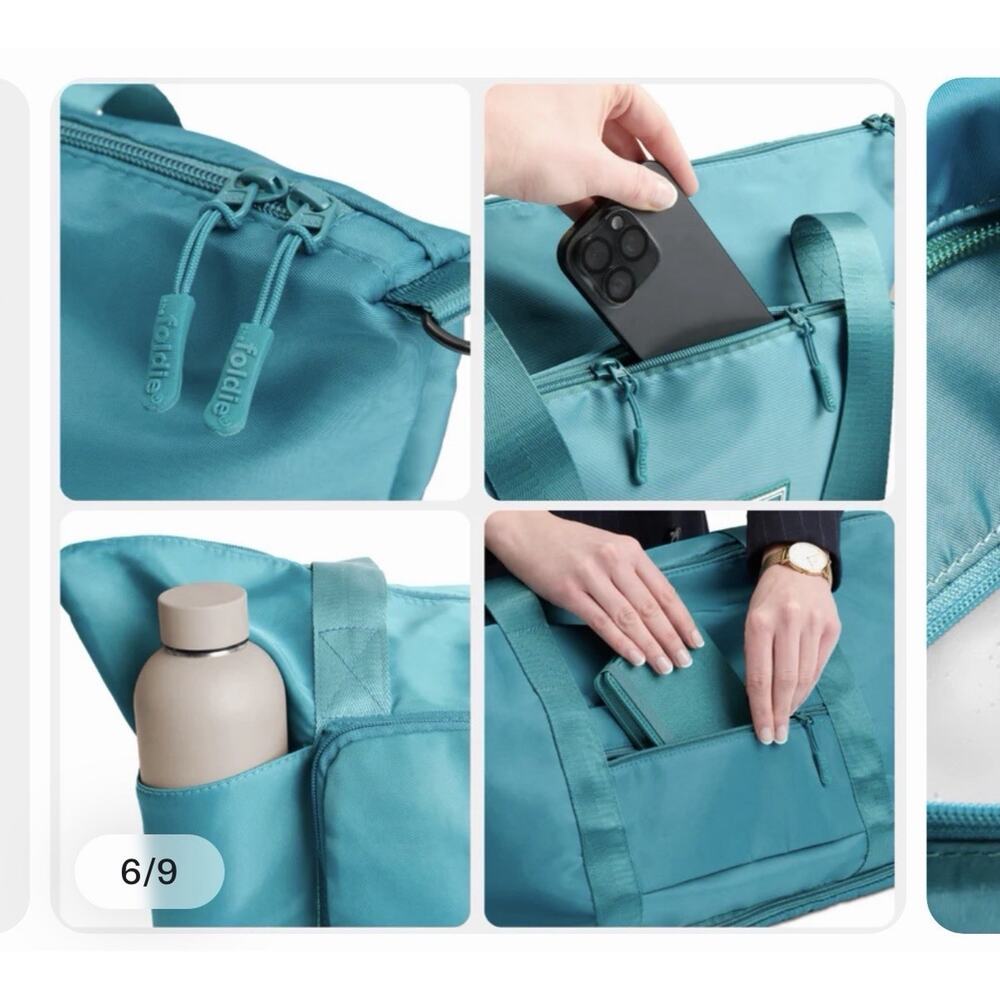 The Foldie Travel Bag 40L Teal Pockets Foldable Trolley Sleeve Carry On Expandab - Picture 3 of 15